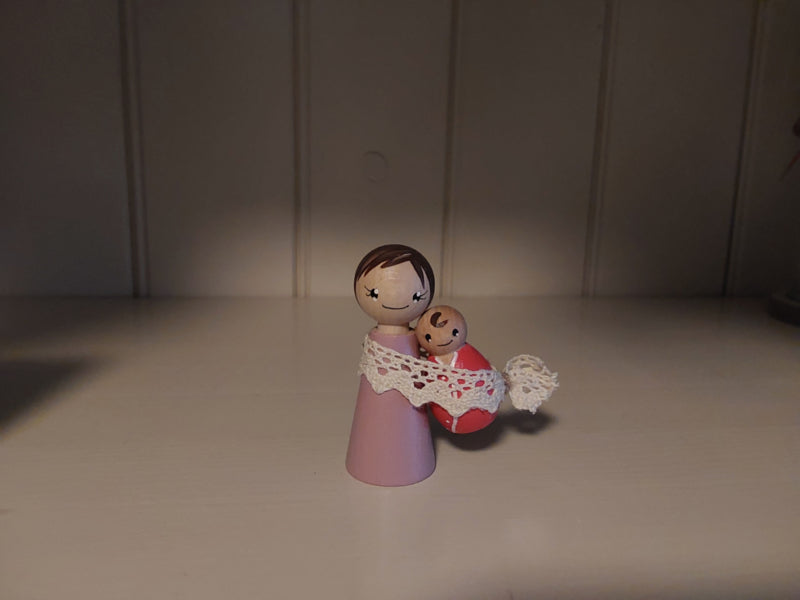 Moeder en Kind Pegdoll set – met linnen lintje - kraamcadeautje