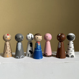 Boerderij Dieren met Boer Pegdolls - Set van 7 Pegdolls - Speelset Thema Boerderij