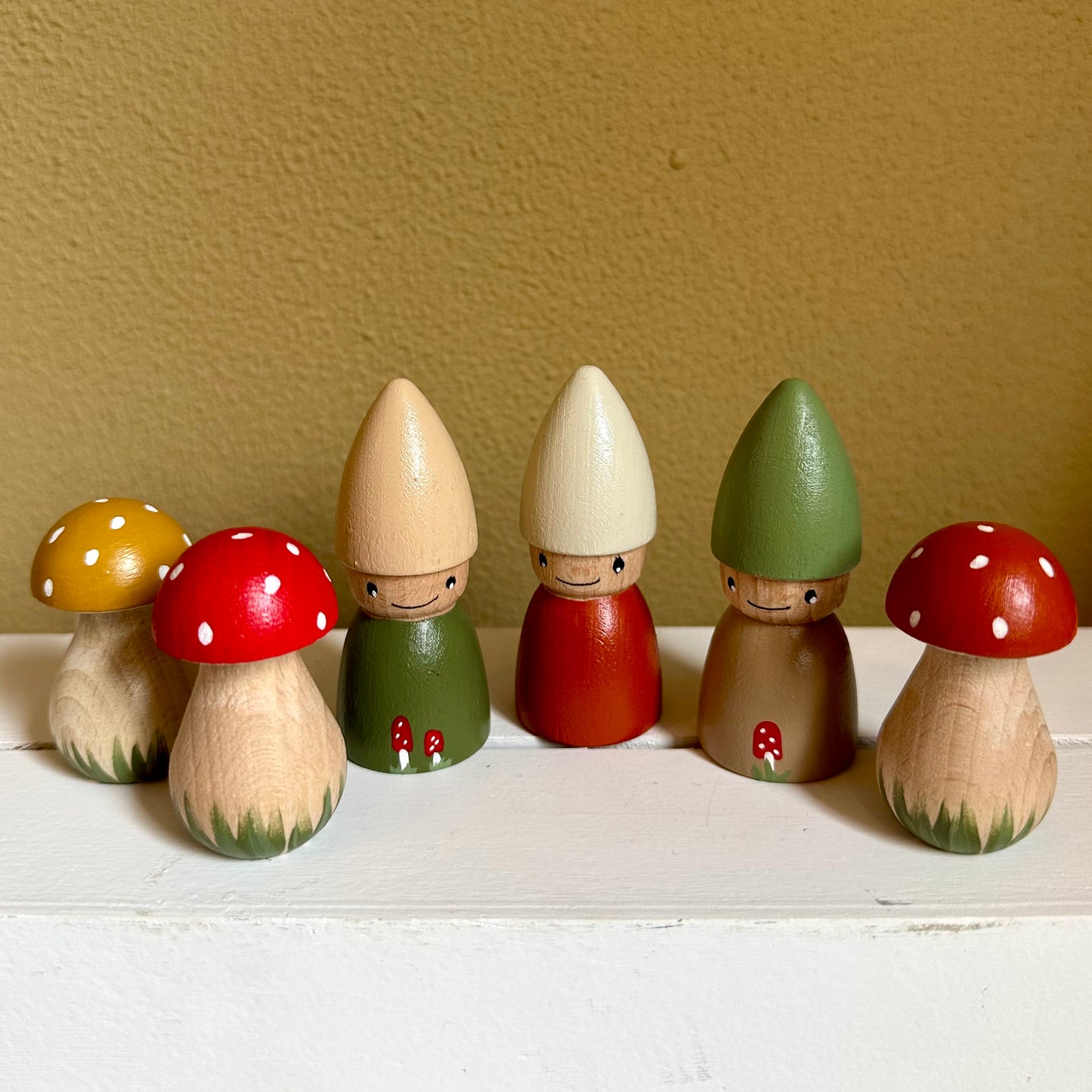 Herfst kabouters & Paddenstoelen - Set van 3 Pegdolls en 3 Paddenstoelen - Herfst set