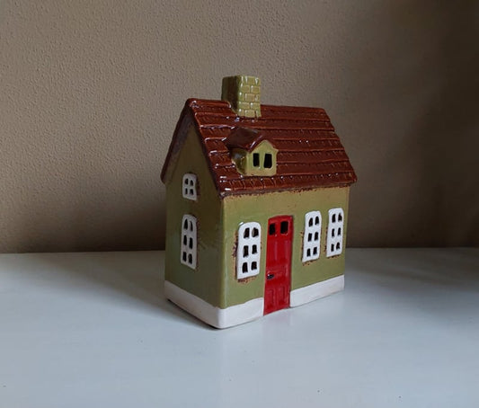 Huisje van Keramiek - Groen met Rode deur - Waxinelichthouder - IB Laursen