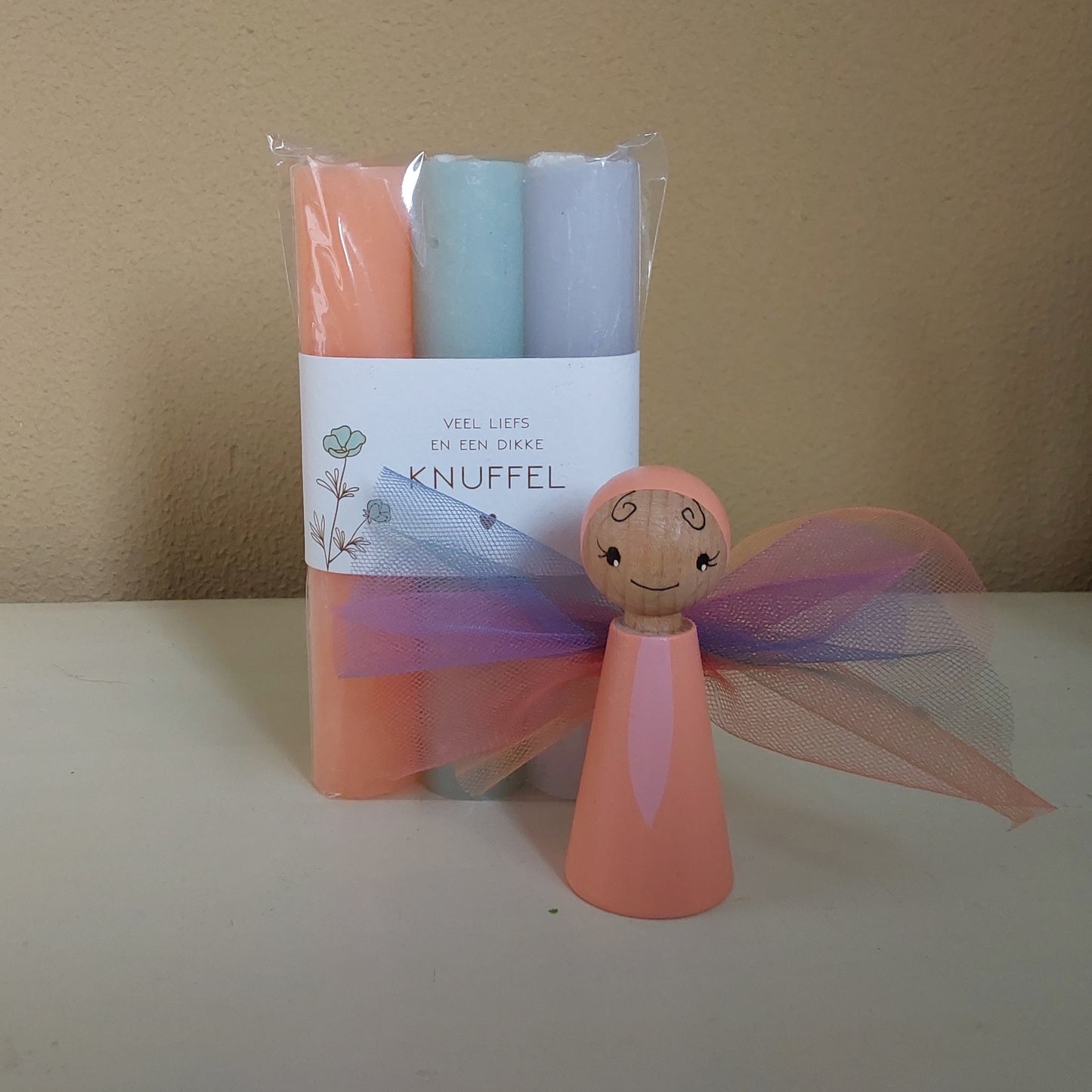 Set van 3 kaarsen met wikkel en vlinder pegdoll