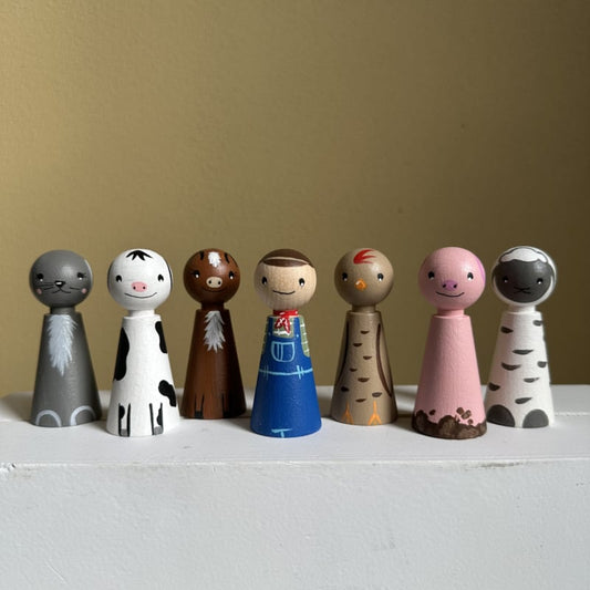 Boerderij Dieren met Boer Pegdolls - Set van 7 Pegdolls - Speelset Thema Boerderij