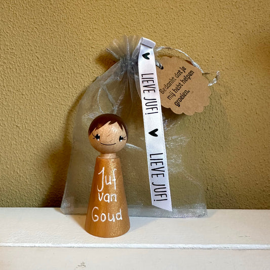 Juf cadeau – gouden pegdoll “Juf van Goud” – met cadeauzakje - twee kleuren haar