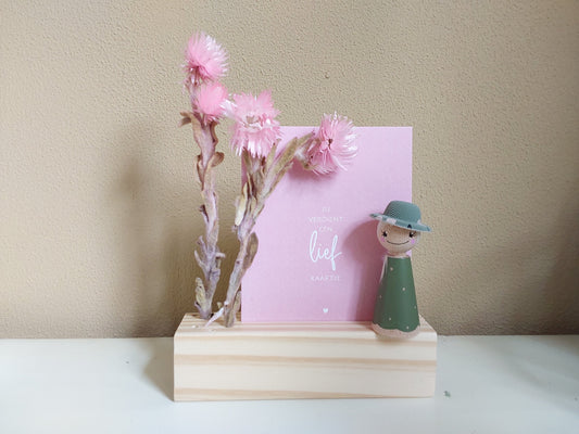 Kaartje "Jij verdient een lief kaartje" - Pegdoll - Houten standaard met Droogbloemen