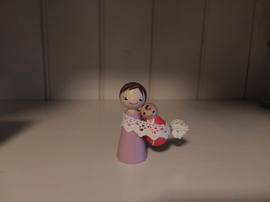 Moeder en Kind Pegdoll set – met linnen lintje - kraamcadeautje