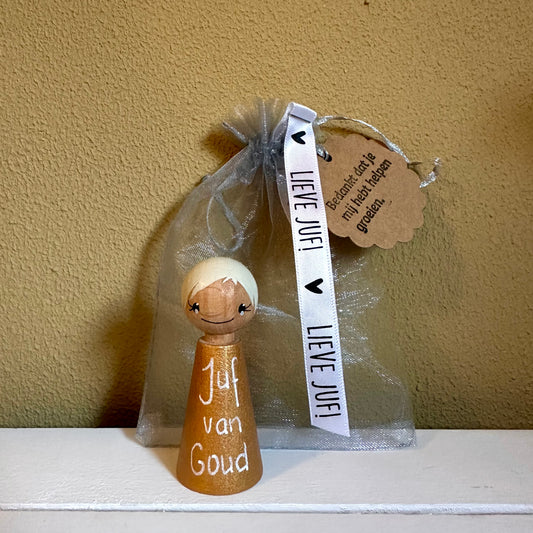 Juf cadeau – gouden pegdoll “Juf van Goud” – met cadeauzakje - twee kleuren haar