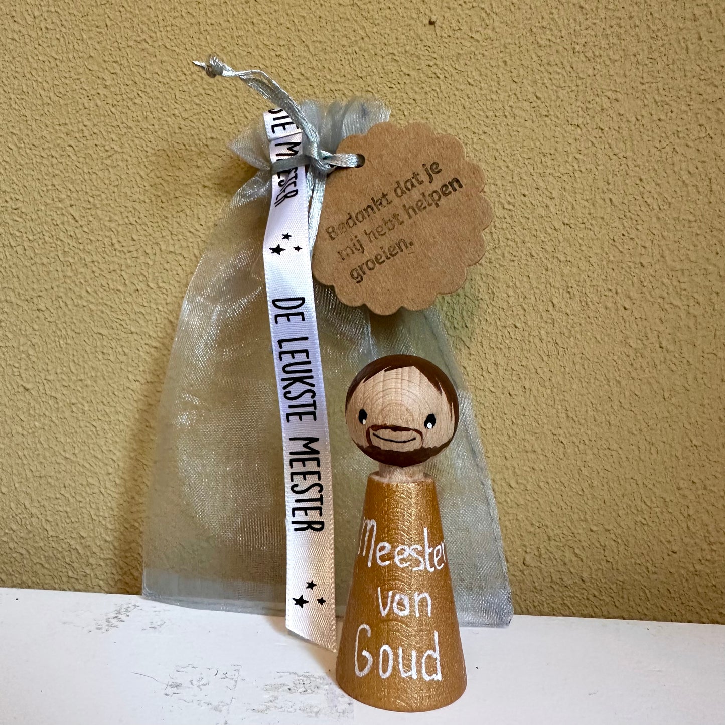 Juf/Meester cadeau – gouden pegdoll “Juf van Goud” “Meester van Goud” – met cadeauzakje