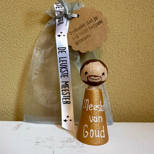 Juf/Meester cadeau – gouden pegdoll “Juf van Goud” “Meester van Goud” – met cadeauzakje