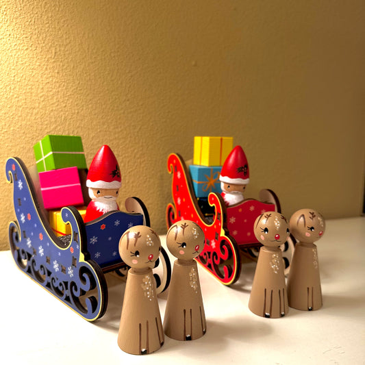 Kerstman met Slee - set van 3 pegdolls en pakjes - Thema Kerstmis