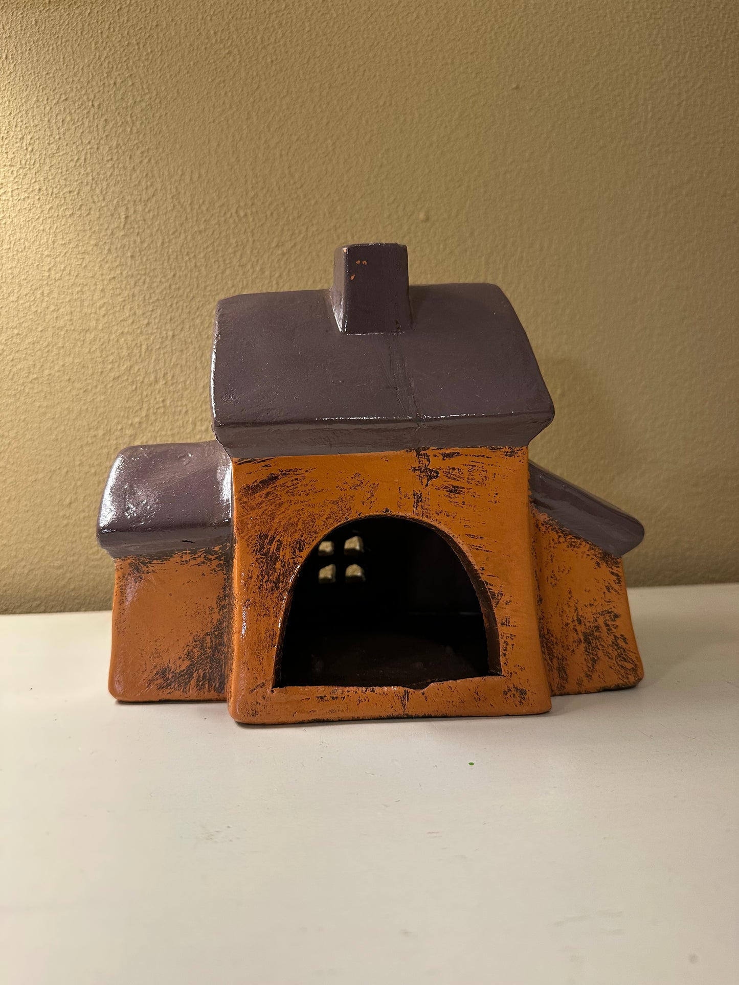 Huisje van Keramiek - Oranje Bruin - Waxinelichthouder