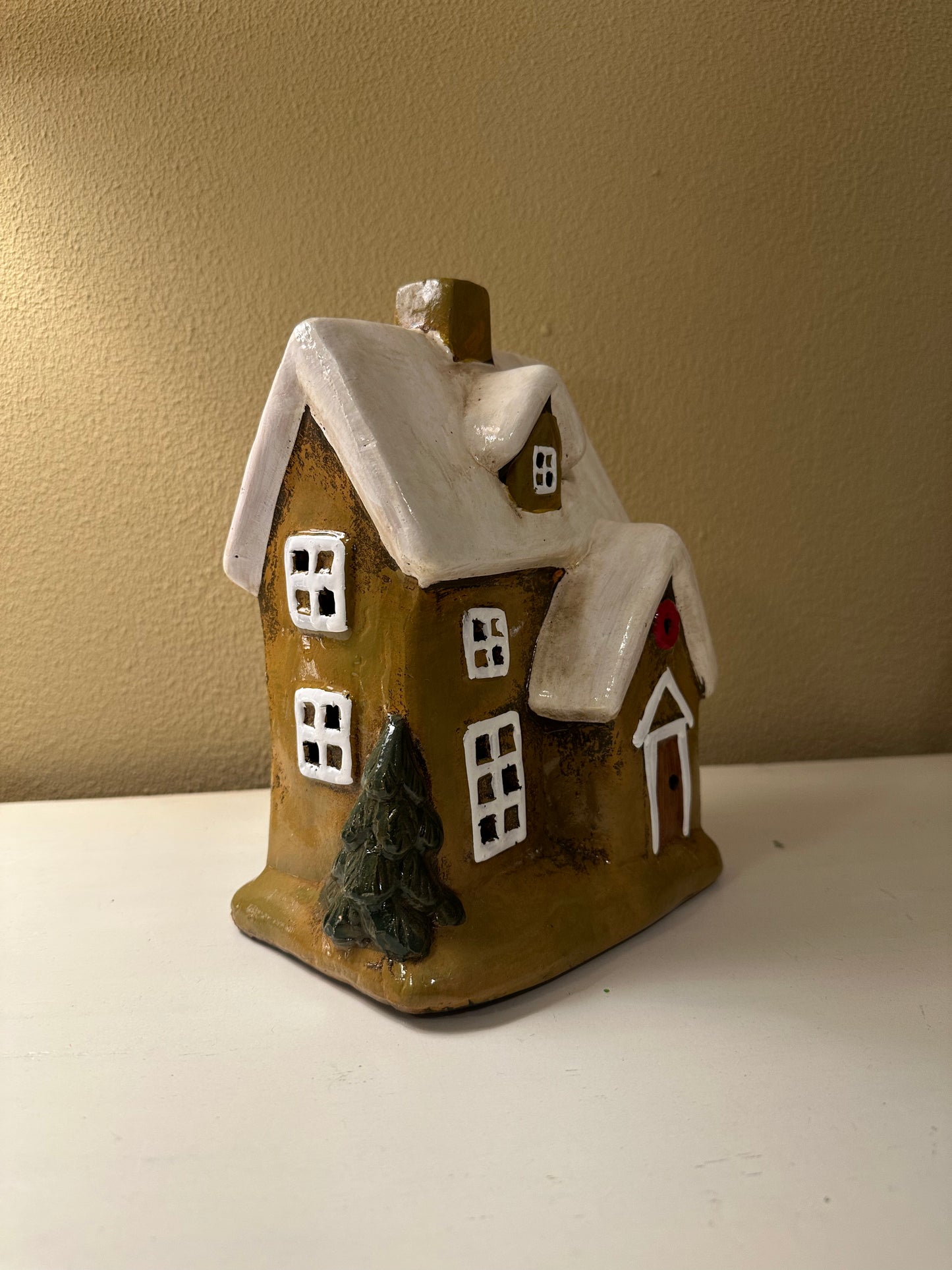 Huisje van Keramiek - Bruin Wit - met Boompje  - Waxinelichthouder