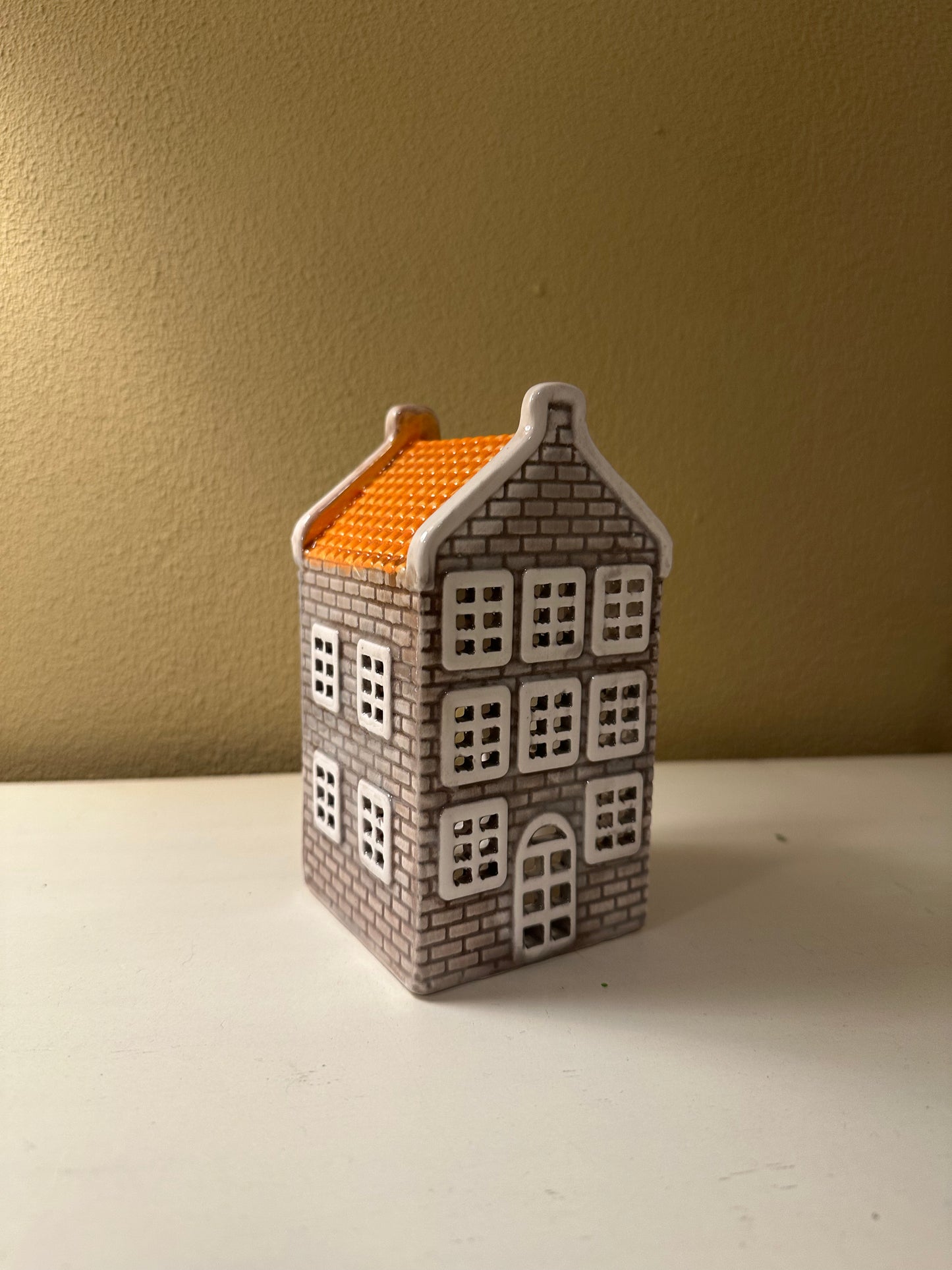 Huisje van Keramiek - Grijs Oranje - Waxinelichthouder