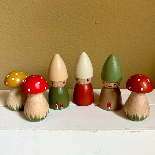 Herfst kabouters & Paddenstoelen - Set van 3 Pegdolls en 3 Paddenstoelen - Herfst set