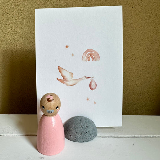 Baby Pegdoll - Kaart met Standaard - Kraamcadeautje Meisje
