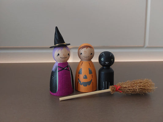 Halloween Pegdolls & Heksenbezem - Set van 3 Pegdolls en een Heksenbezem - Halloween set