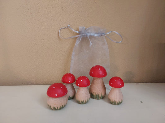Paddenstoelen met Opbergzakje - Set van 5 houten Paddenstoelen - Herfst set
